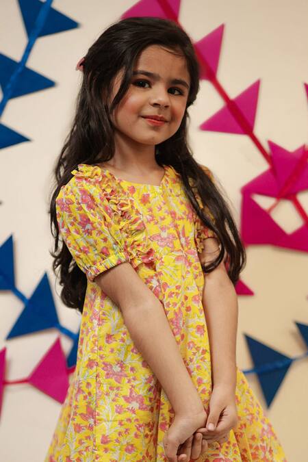 Buy_Tiny Colour_Yellow Cotton Marigold Block Printed Frock _Online_at_Aza_Fashions