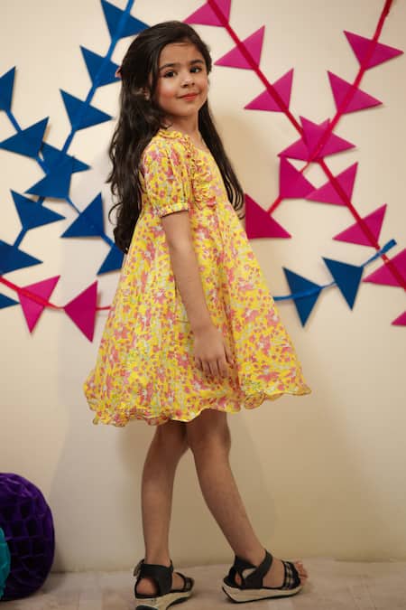 Shop_Tiny Colour_Yellow Cotton Marigold Block Printed Frock _Online_at_Aza_Fashions
