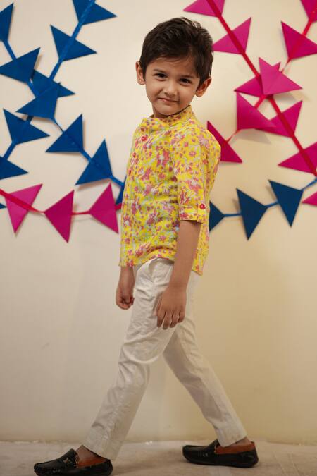Buy_Tiny Colour_Yellow Cotton Floral Block Printed Kids Shirt _Online_at_Aza_Fashions