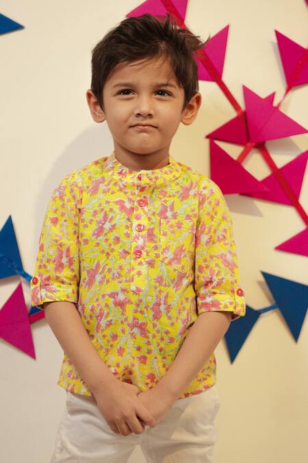 Shop_Tiny Colour_Yellow Cotton Floral Block Printed Kids Shirt _Online_at_Aza_Fashions