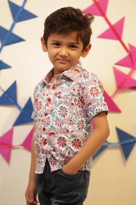 Tiny Colour_White Cotton Block Printed Dahlia Shirt_Online_at_Aza_Fashions