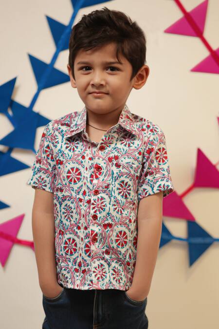 Buy_Tiny Colour_White Cotton Block Printed Dahlia Shirt_Online_at_Aza_Fashions