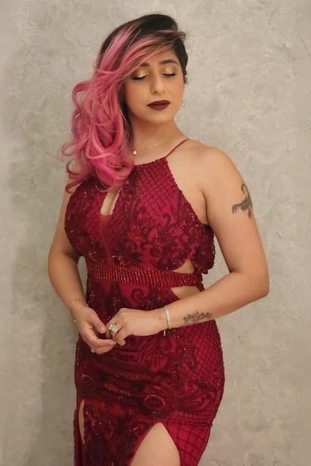 Buy_Ambrosia_Red 100% Nylon Mesh Checkered, Floral Keyhole Hand Embroidered Gown_Online_at_Aza_Fashions