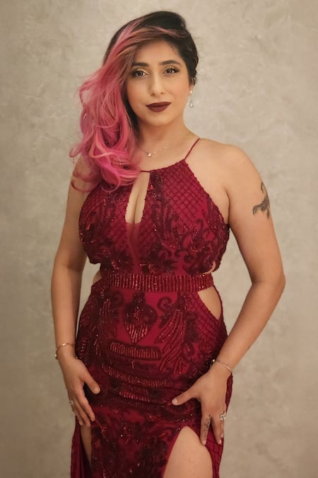 Shop_Ambrosia_Red 100% Nylon Mesh Checkered, Floral Keyhole Hand Embroidered Gown_Online_at_Aza_Fashions