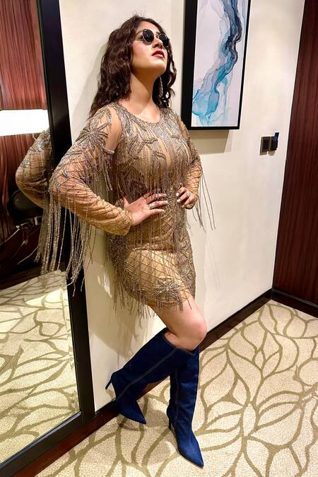 Shop_Ambrosia_Gold 100% Nylon Mesh Sequin Work, Beads Round Neck Fringe Embroidered Dress _Online_at_Aza_Fashions