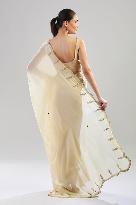 Shop Pouli Pret Yellow Chiffon Sequins, Zari, Pearls Ombre Saree With Unstitched Blouse Piece at Aza Fashions Shop_Pouli Pret_Yellow Chiffon Sequins, Zari, Pearls Ombre Saree With Unstitched Blouse Piece_at_Aza_Fashions