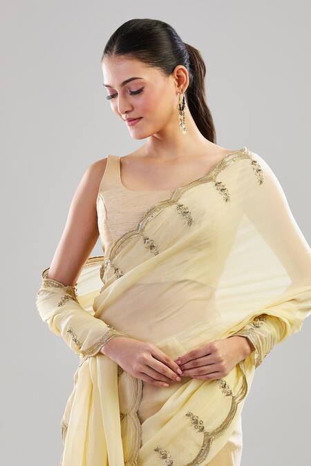 Buy Pouli Pret Yellow Chiffon Sequins, Zari, Pearls Ombre Saree With Unstitched Blouse Piece Buy_Pouli Pret_Yellow Chiffon Sequins, Zari, Pearls Ombre Saree With Unstitched Blouse Piece