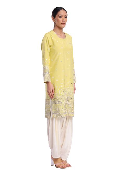 Buy_Surbhi Gupta_Green , Hemp, Organza Pearls, Mirrors Round Neck Lime Heavy Kurta Set 