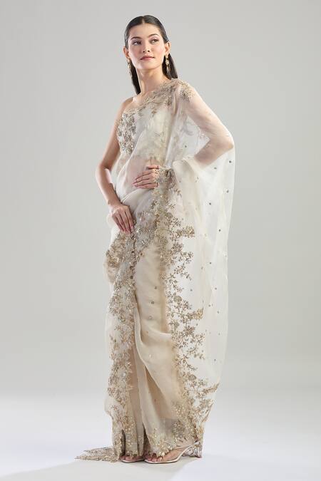 Shop_Anushree Reddy_Ivory Chiffon Embroidery, Sequins Floral Vine Saree_Online_at_Aza_Fashions
