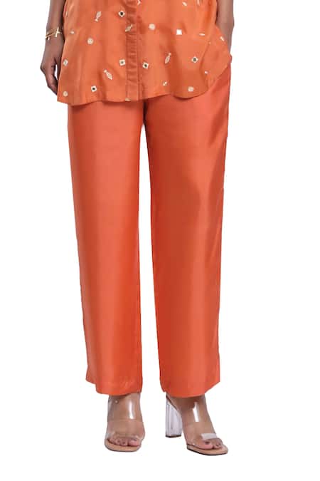 Buy_Surbhi Gupta_Orange Silk, Hemp Pearls, Mirrors, Embroidery Collared Co-ord Set 