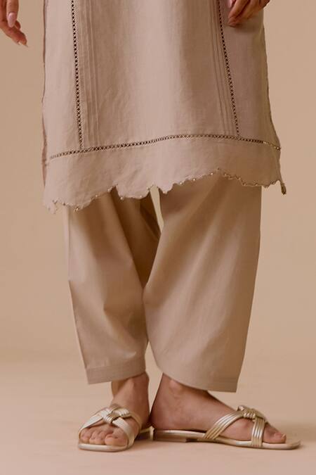 Bunka_Beige Cotton, Kota Doria Cut Work V-neck Floral Kurta Set _Online_at_Aza_Fashions