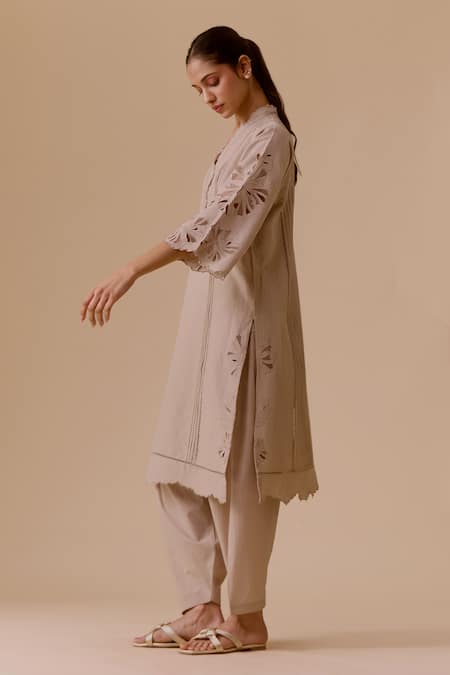 Shop_Bunka_Beige Cotton, Kota Doria Cut Work V-neck Floral Kurta Set _Online_at_Aza_Fashions
