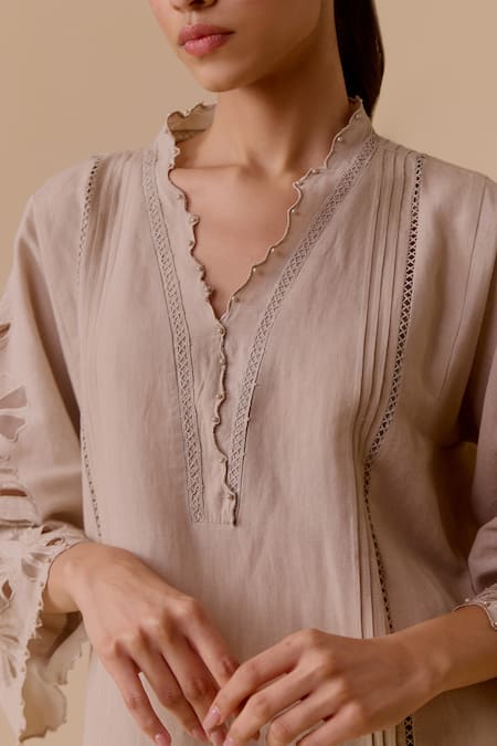 Shop_Bunka_Beige Cotton, Kota Doria Cut Work V-neck Floral Kurta Set 