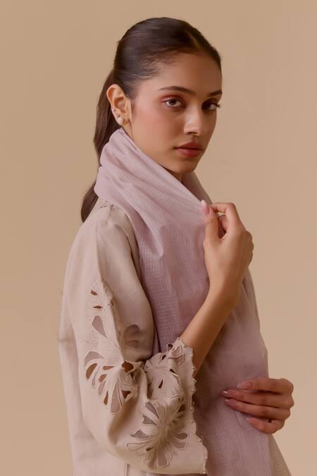 Shop_Bunka_Beige Kota Doria Dupatta With Lace_at_Aza_Fashions