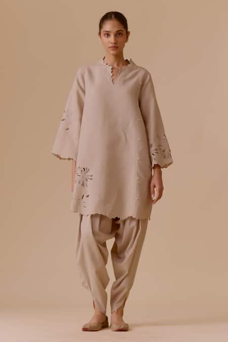 Buy_Bunka_Beige Cotton Cut Work Split V-neck Resham Choga Kurta Set _Online_at_Aza_Fashions