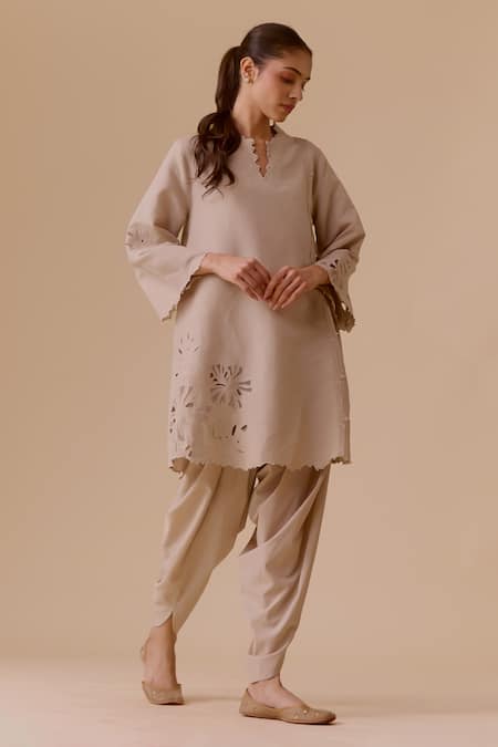 Shop_Bunka_Beige Cotton Cut Work Split V-neck Resham Choga Kurta Set _Online_at_Aza_Fashions