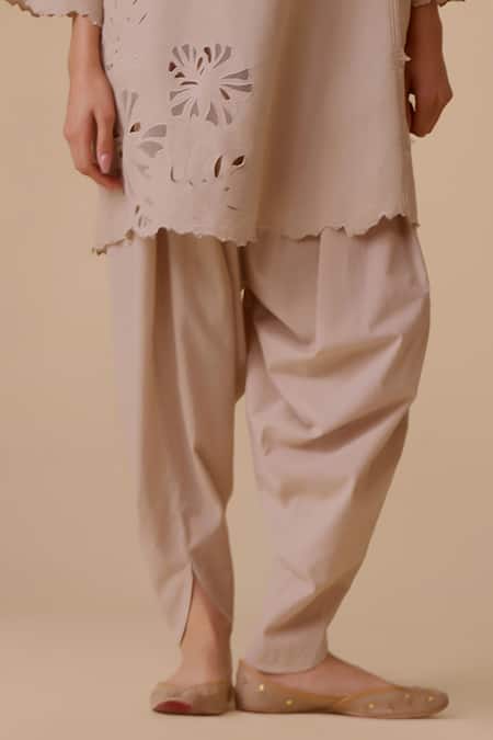 Bunka_Beige Cotton Cut Work Split V-neck Resham Choga Kurta Set _at_Aza_Fashions