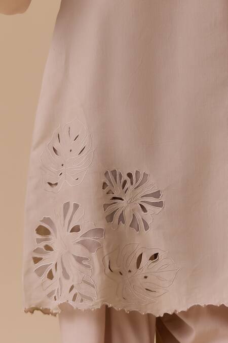 Shop_Bunka_Beige Cotton Cut Work Split V-neck Resham Choga Kurta Set 