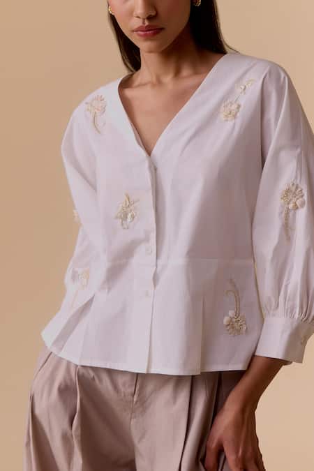 Shop_Bunka_White Cotton Embroidery V-neck Poplin Top _Online_at_Aza_Fashions