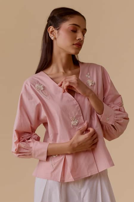Bunka Pink Cotton Embroidery V-neck Poplin Top Online at Aza Fashions Bunka_Pink Cotton Embroidery V-neck Poplin Top _Online_at_Aza_Fashions