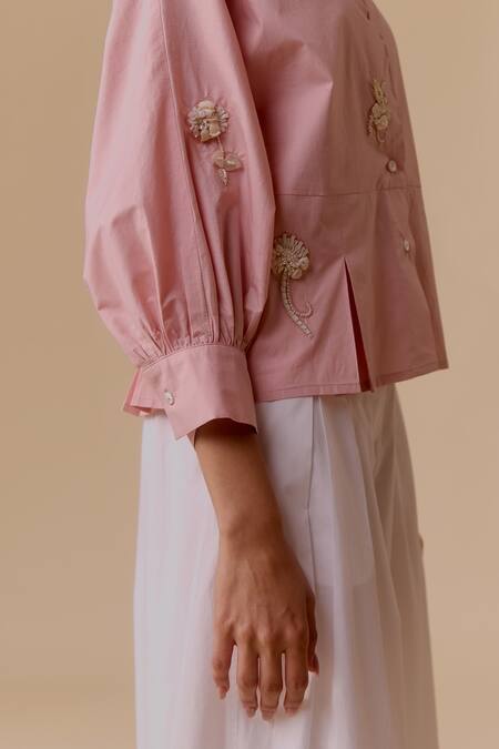 Buy Bunka Pink Cotton Embroidery V-neck Poplin Top Online at Aza Fashions Buy_Bunka_Pink Cotton Embroidery V-neck Poplin Top _Online_at_Aza_Fashions