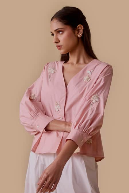 BUNKA Embroidered Pink Cotton Poplin Top 