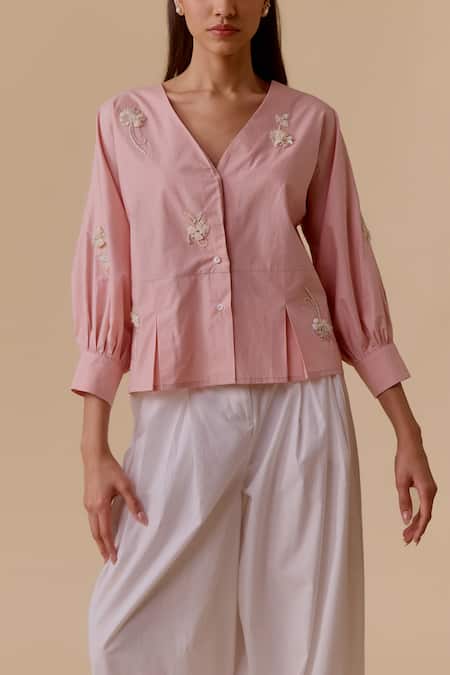 Shop Bunka Pink Cotton Embroidery V-neck Poplin Top Online at Aza Fashions Shop_Bunka_Pink Cotton Embroidery V-neck Poplin Top _Online_at_Aza_Fashions