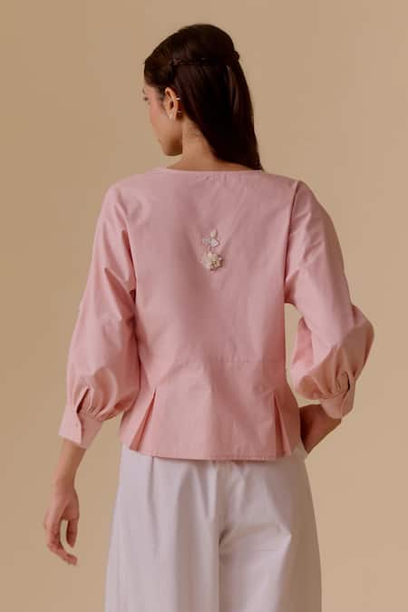 Shop Bunka Pink Cotton Embroidery V-neck Poplin Top at Aza Fashions Shop_Bunka_Pink Cotton Embroidery V-neck Poplin Top _at_Aza_Fashions