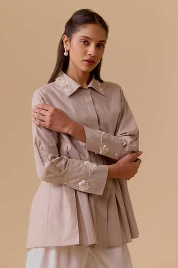 Bunka_Pink Cotton Embroidery Collared Poplin Shirt _Online_at_Aza_Fashions