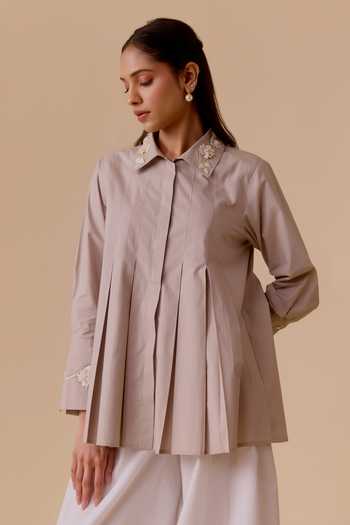 Buy_Bunka_Pink Cotton Embroidery Collared Poplin Shirt _Online_at_Aza_Fashions