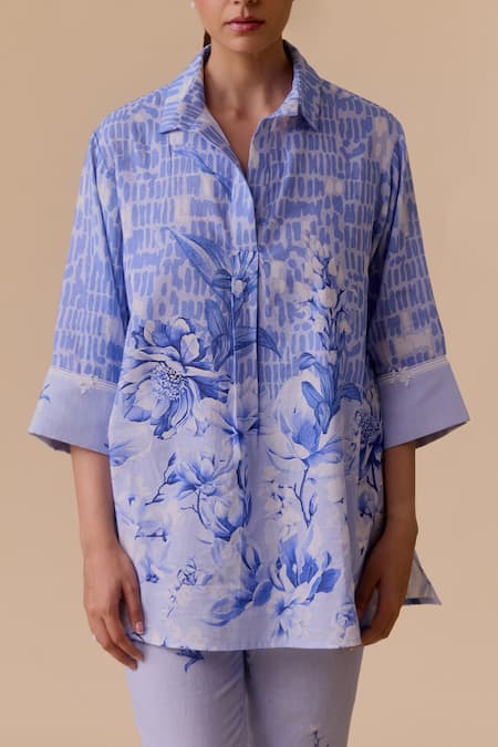 Bunka Blue Linen Collared Printed Tunic Online at Aza Fashions Bunka_Blue Linen Collared Printed Tunic _Online_at_Aza_Fashions