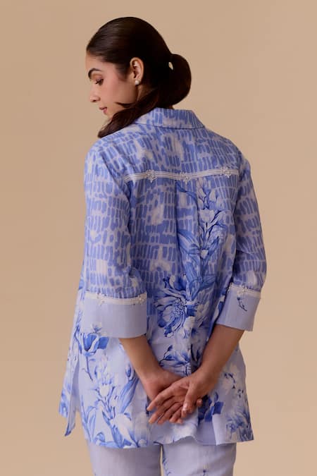 Shop Bunka Blue Linen Collared Printed Tunic at Aza Fashions Shop_Bunka_Blue Linen Collared Printed Tunic _at_Aza_Fashions