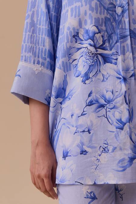 Buy Bunka Blue Linen Collared Printed Tunic Online at Aza Fashions Buy_Bunka_Blue Linen Collared Printed Tunic _Online_at_Aza_Fashions
