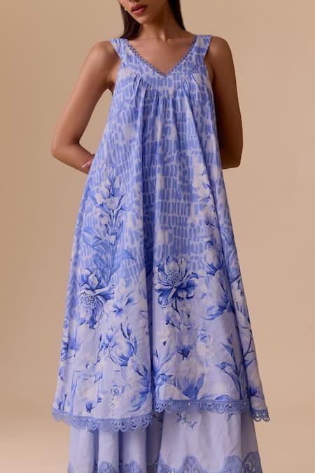 Bunka_Blue Cotton Beads, Lace V-neck Sleeveless Tiered Midi Dress _Online_at_Aza_Fashions