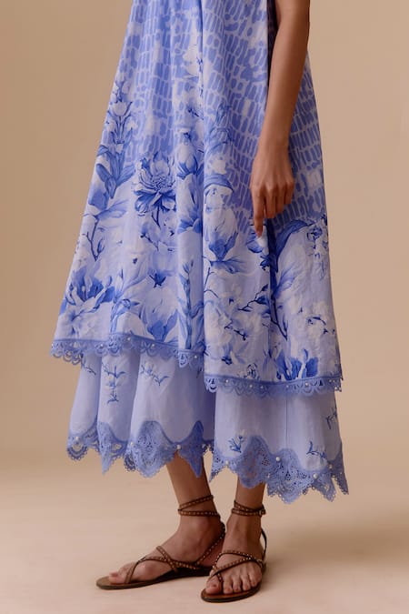 Buy_Bunka_Blue Cotton Beads, Lace V-neck Sleeveless Tiered Midi Dress _Online_at_Aza_Fashions