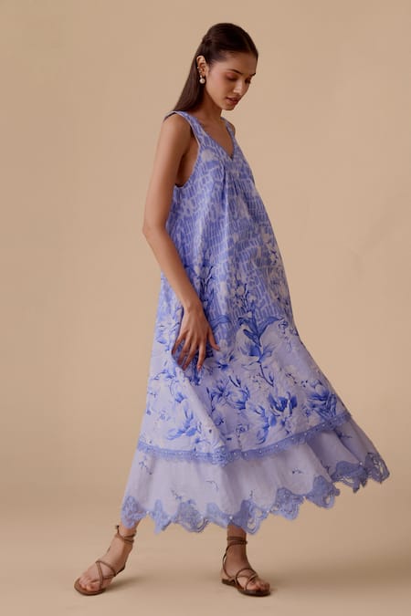 Shop_Bunka_Blue Cotton Beads, Lace V-neck Sleeveless Tiered Midi Dress _Online_at_Aza_Fashions