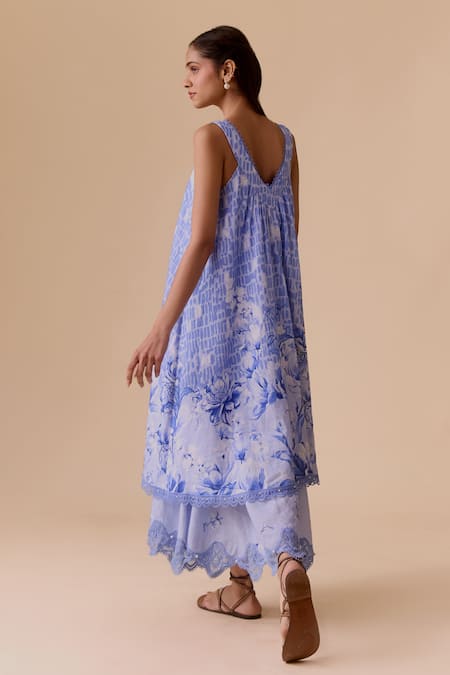 Bunka Sleeveless Tiered Blue Midi Dress 