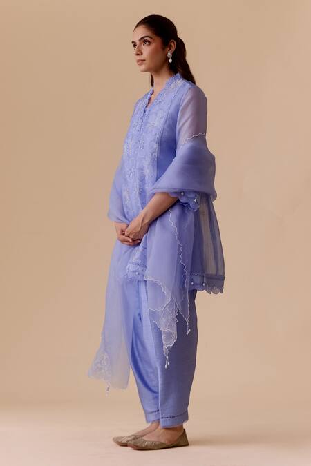 Bunka_Blue Organza, Viscose, Beads Round Neck Floral Embroidered Kurta Set _Online_at_Aza_Fashions