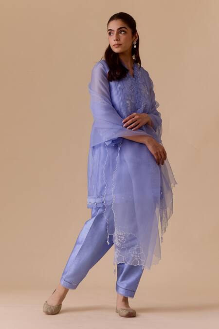 Buy_Bunka_Blue Organza, Viscose, Beads Round Neck Floral Embroidered Kurta Set _Online_at_Aza_Fashions