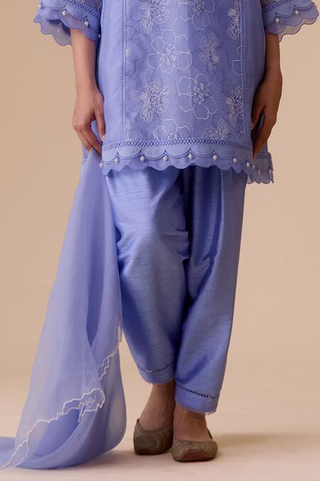Shop_Bunka_Blue Organza, Viscose, Beads Round Neck Floral Embroidered Kurta Set _Online_at_Aza_Fashions