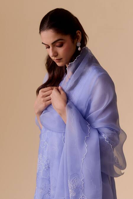 Bunka_Blue Organza, Viscose, Beads Round Neck Floral Embroidered Kurta Set _at_Aza_Fashions