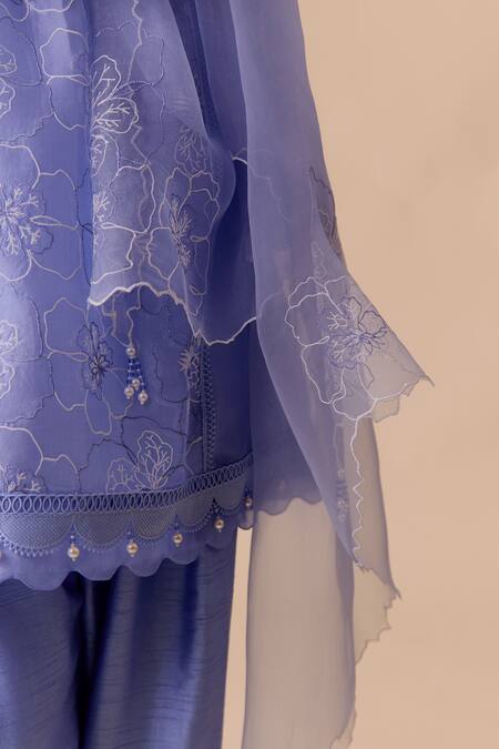 Buy_Bunka_Blue Organza, Viscose, Beads Round Neck Floral Embroidered Kurta Set 