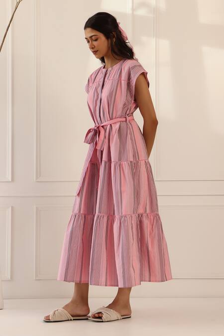 Banera_Pink Poplin Embroidery Boat Neck Tonal Stripe Poppy Midi Dress _Online_at_Aza_Fashions