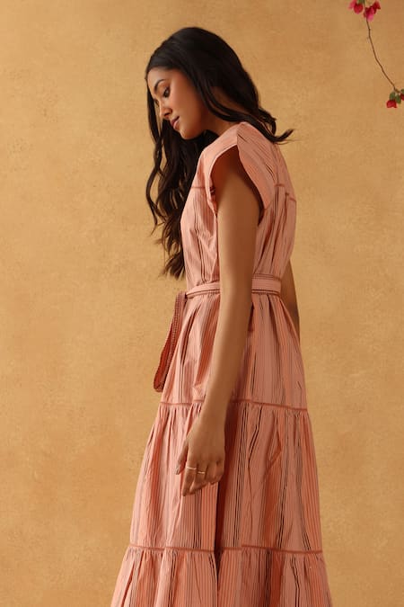 Banera_Pink Poplin Embroidery Tonal Stripe Poppy Midi Dress _Online_at_Aza_Fashions
