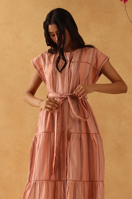Buy_Banera_Pink Poplin Embroidery Tonal Stripe Poppy Midi Dress _Online_at_Aza_Fashions