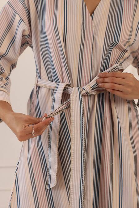 Banera_Beige Cotton V-neck Striped Designer Midi Dress _Online_at_Aza_Fashions