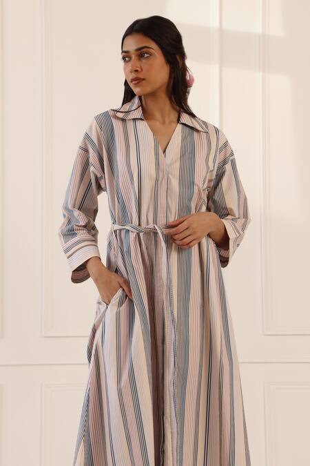 Buy_Banera_Beige Cotton V-neck Striped Designer Midi Dress _Online_at_Aza_Fashions