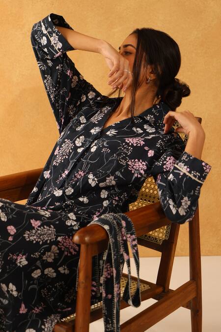 Banera_Black Embroidery Floral Print Jade Midi Dress_Online_at_Aza_Fashions