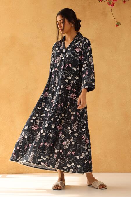 Buy_Banera_Black Embroidery Floral Print Jade Midi Dress_Online_at_Aza_Fashions