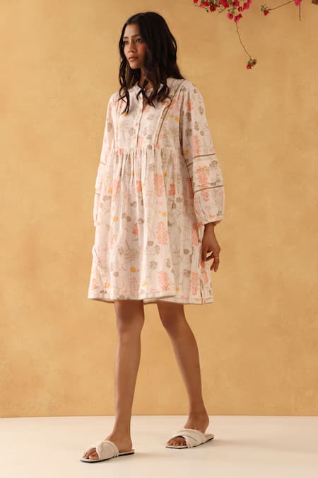 Buy_Banera_Pink Cotton Collared Floral Print Short Dress _Online_at_Aza_Fashions